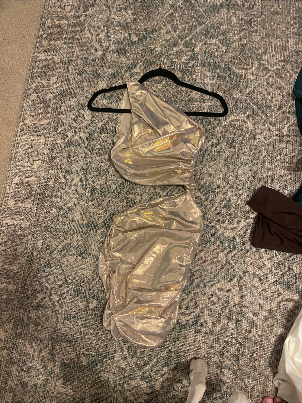 Oh Polly One-Shoulder Cutout Bandeau in Shimmery Champagne